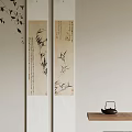 Traditional Chinese Bamboo Ink Painting Scrolls With Calligraphy And Tea Pot On Table