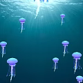 Group of Purple Jellyfish Floating in Deep Blue Ocean Water with Sunlight Rays