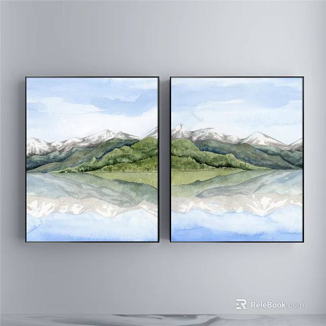 Watercolor Landscape Painting With Snowy Mountains Green Vegetation And Water Reflection 3d model 