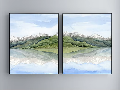 Watercolor Landscape Painting With Snowy Mountains Green Vegetation And Water Reflection 3d model