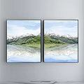 Watercolor Landscape Painting With Snowy Mountains Green Vegetation And Water Reflection