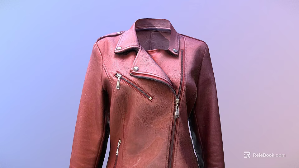 Red Leather Biker Jacket With Zipper Closure Lapel Collar And Pockets 3d model
