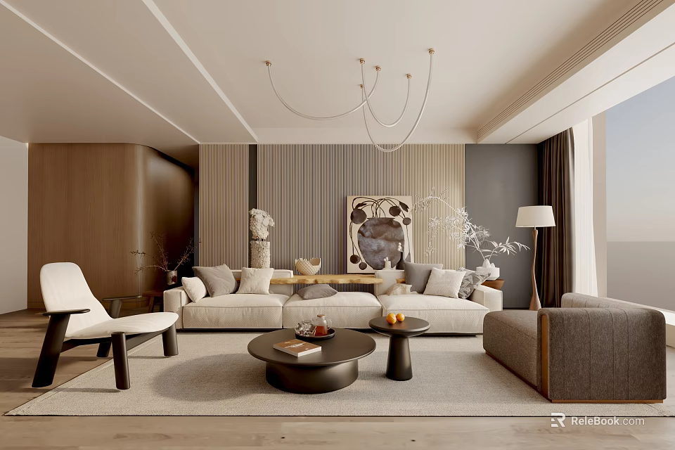 Modern Living Room Interior Design with Striped Wall Chandelier Sofa Armchair Coffee Table Decorative Painting 3d model 