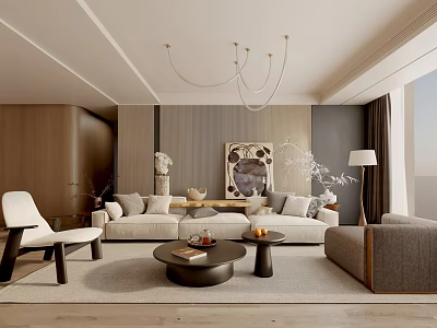Modern Living Room Interior Design with Striped Wall Chandelier Sofa Armchair Coffee Table Decorative Painting 3d model