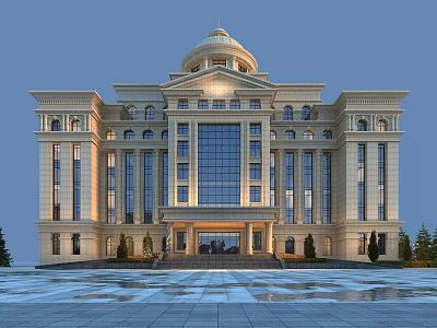 Elegant Office Building Exterior With Domed Roof Large Glass Windows Columns And Spacious Entrance 3d model