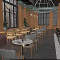 Warm Restaurant Interior Design With Wooden Walls Round Tables Chairs Large Windows And Green Plants