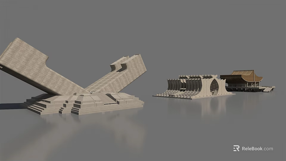 Modern Architectural Models Showcasing Geometric Design Inclined Planes And Arched Structures 3d model