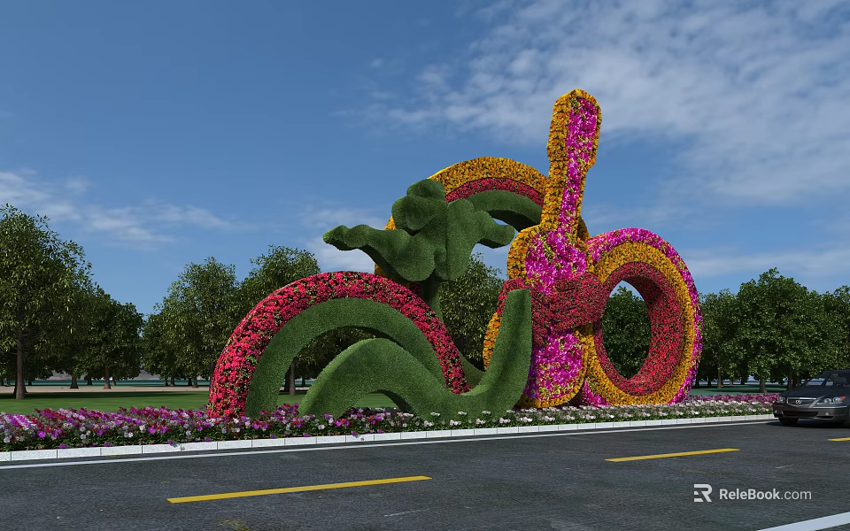 Creative Shrub Sculpture With Green Foliage Colorful Flowers Blue Sky And Trees 3d model 