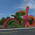 Creative Shrub Sculpture With Green Foliage Colorful Flowers Blue Sky And Trees