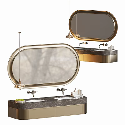 Elegant Bathroom Vanity With Oval Gold Frame Mirror Double Faucets And Marble Countertop 3d model