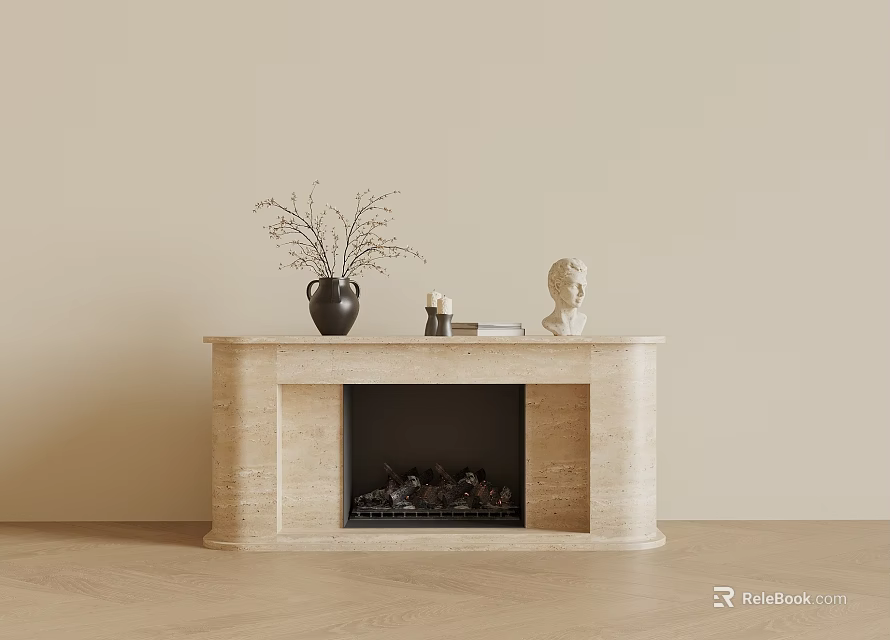Beige Stone Fireplace with Black Vase Branches Small Sculpture and Books on Mantel 3d model 