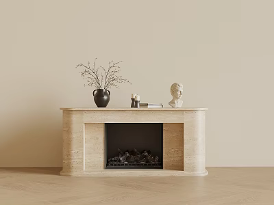 Beige Stone Fireplace with Black Vase Branches Small Sculpture and Books on Mantel 3d model
