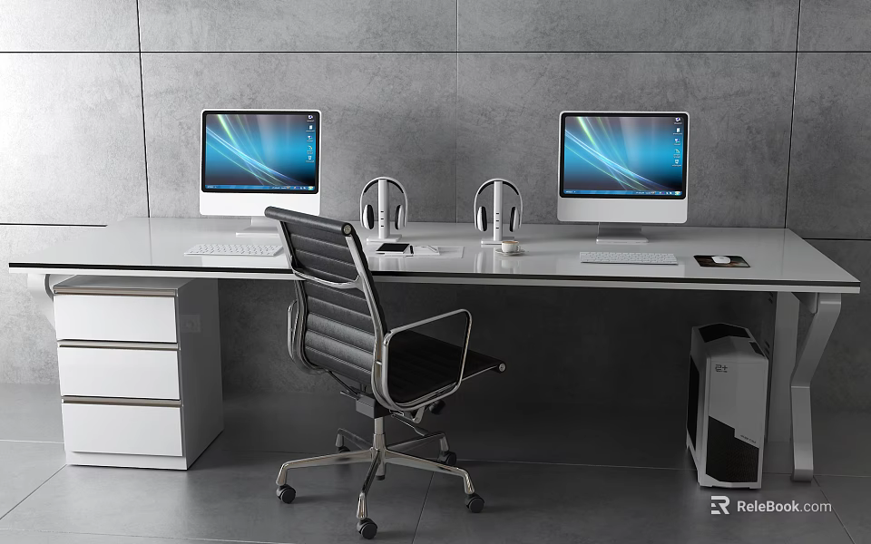 Modern Office Desk with Two Monitors Office Chair Drawers and Computer Tower 3d model 