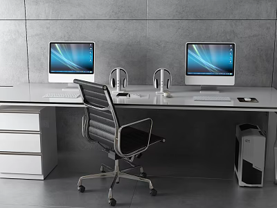 Modern Office Desk with Two Monitors Office Chair Drawers and Computer Tower 3d model