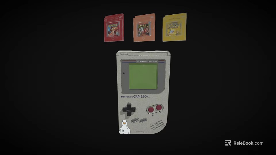 Retro Game Boy Handheld Console With Three Colored Game Cartridges 3d model