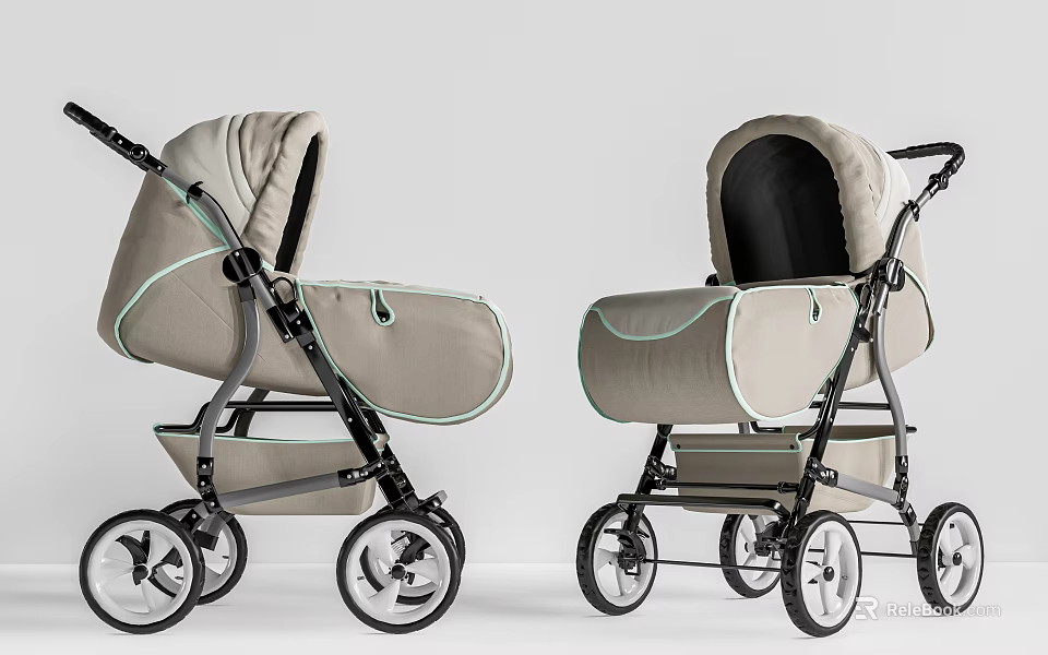 Light Gray And Beige Functional Stroller Design With Black Seat Black Frame And White Wheels 3d model 