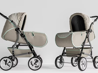 Light Gray And Beige Functional Stroller Design With Black Seat Black Frame And White Wheels 3d model