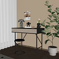 Modern Desk With Black Top Silver Legs Geometric Lamp White Flowers And Large Green Plant