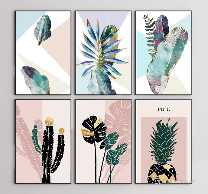 Modern Botanical Wall Art Prints Featuring Leaves Cactus Pineapple And Geometric Backgrounds 3d model 