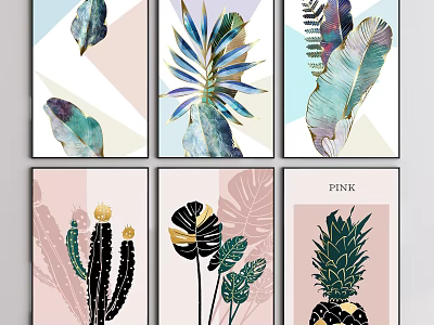 Modern Botanical Wall Art Prints Featuring Leaves Cactus Pineapple And Geometric Backgrounds 3d model