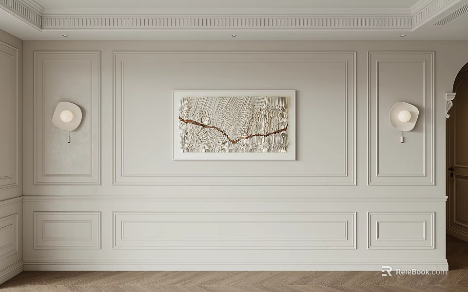 Modern Luxury Sofa Backdrop Wall Design With Decorative Painting Wall Lamps And Gypsum Lines 3d model 