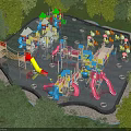Outdoor Kids Play Area With Colorful Slides Swings And Climbing Frames Surrounded By Trees