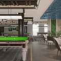 Modern Billiard Room Interior With Billiard Tables Chairs And Greenery