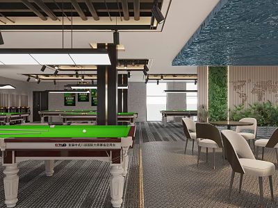 Modern Billiard Room Interior With Billiard Tables Chairs And Greenery 3d model