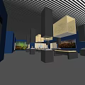 Cultural Center Exhibition Hall Featuring Artworks Decorative Lighting Blue Walls And Displayed Exhibits