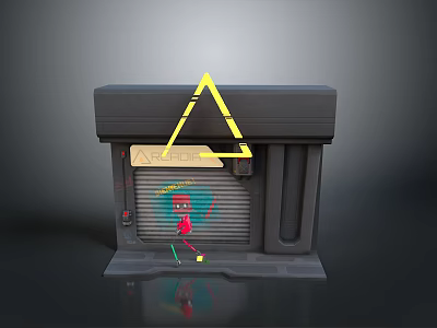 Gray Building Structure With Yellow Triangle Red Cartoon Figure And Area 51 Roll Up Door 3d model