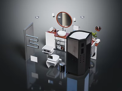 Modern Bathroom Interior Design With Round Mirror Vanity Toilet And Storage Cabinet 3d model