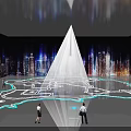 Futuristic Urban Exhibition Space With Illuminated Route Map People Walking And White Light Beam