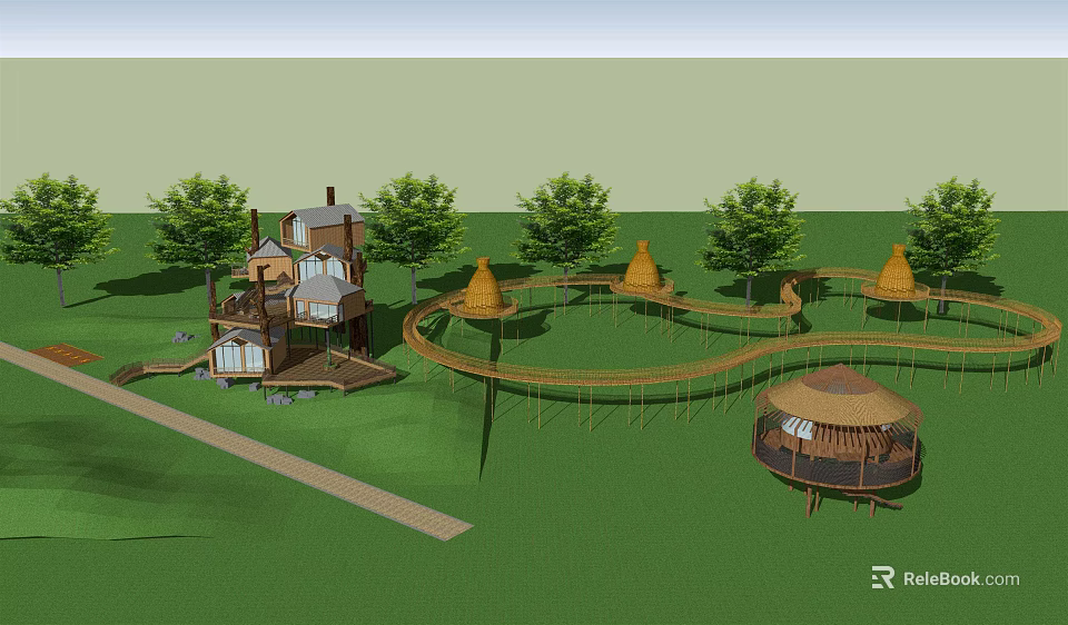Scenic Treehouse Homestay Architecture with Thatched Roof Huts Rope Bridge and Green Lawn 3d model 