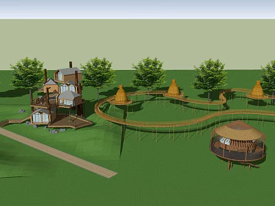 Scenic Treehouse Homestay Architecture with Thatched Roof Huts Rope Bridge and Green Lawn 3d model
