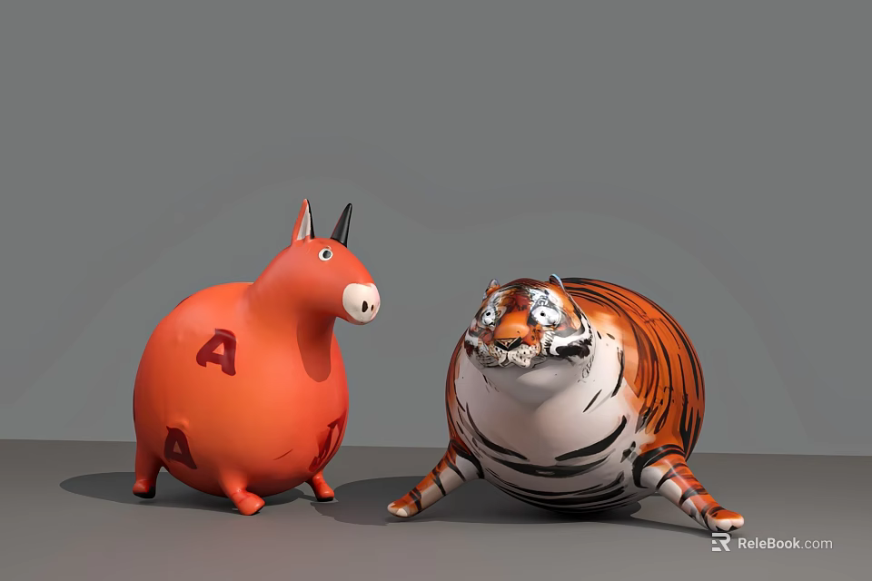 Playful Cartoon Art Installation Featuring Orange Donkey and Chubby Tiger with Numbers 3d model 