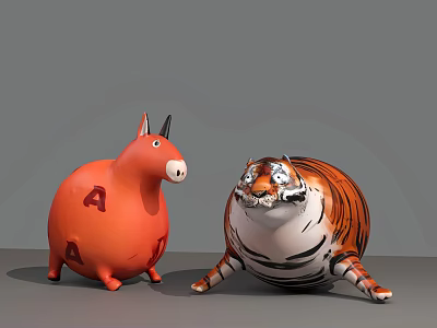 Playful Cartoon Art Installation Featuring Orange Donkey and Chubby Tiger with Numbers 3d model