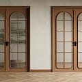 Wooden Double Doors With Arched And Grid Glass Panels Against Light Walls And Flooring