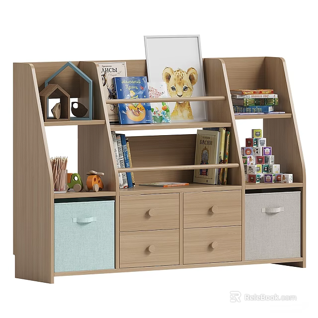 Wooden Bookcase With Multiple Shelves Books Drawers Storage Baskets And Decorative Items 3d model 