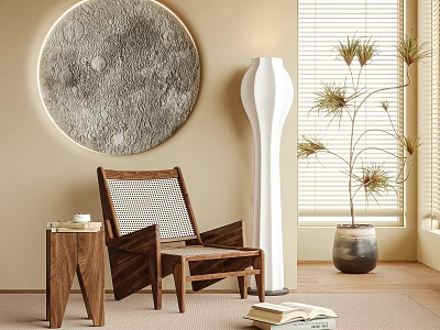 Wooden Lounge Chair With Woven Backrest Small Side Table Tall White Floor Lamp Potted Plant 3d model
