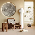 Wooden Lounge Chair With Woven Backrest Small Side Table Tall White Floor Lamp Potted Plant