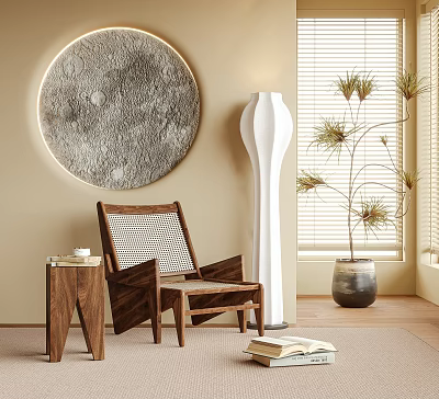 Wooden Lounge Chair With Woven Backrest Small Side Table Tall White Floor Lamp Potted Plant 3d model