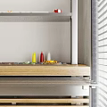 Modern Metal And Wooden Display Shelves With Fruits Bread And Beverages In Retail Store