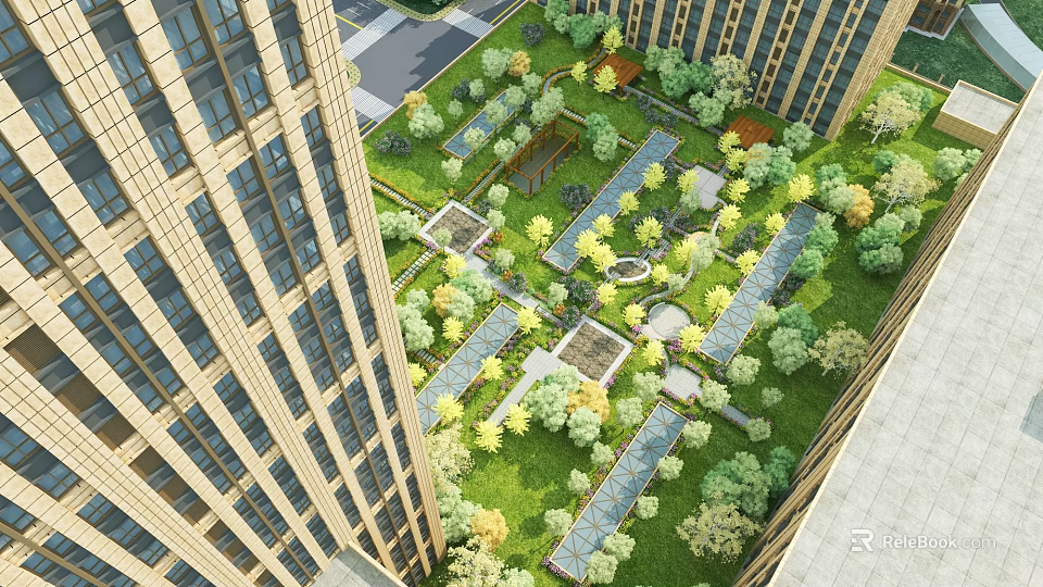Rooftop Garden Design Surrounded by High Rise Buildings With Lush Greenery Pathways and Seating Areas 3d model 