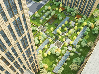 Rooftop Garden Design Surrounded by High Rise Buildings With Lush Greenery Pathways and Seating Areas 3d model