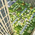 Rooftop Garden Design Surrounded by High Rise Buildings With Lush Greenery Pathways and Seating Areas