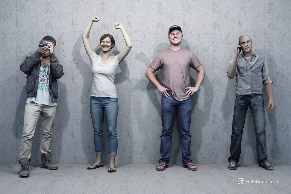 Group of People With Different Poses Against Gray Wall And Floor 3d model 