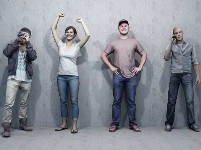 Group of People With Different Poses Against Gray Wall And Floor 3d model