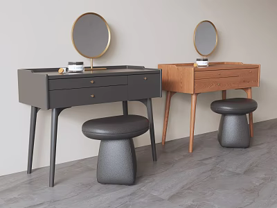 Modern Minimalist Dressing Table With Round Gold Framed Mirror Cushioned Stool And Practical Storage Drawers 3d model