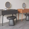 Modern Minimalist Dressing Table With Round Gold Framed Mirror Cushioned Stool And Practical Storage Drawers