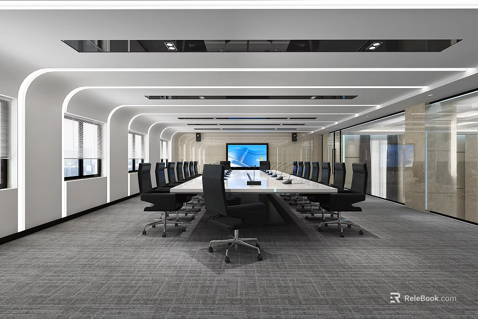 Modern Conference Room Interior With Long Table Black Chairs Large Screen And Windows 3d model 